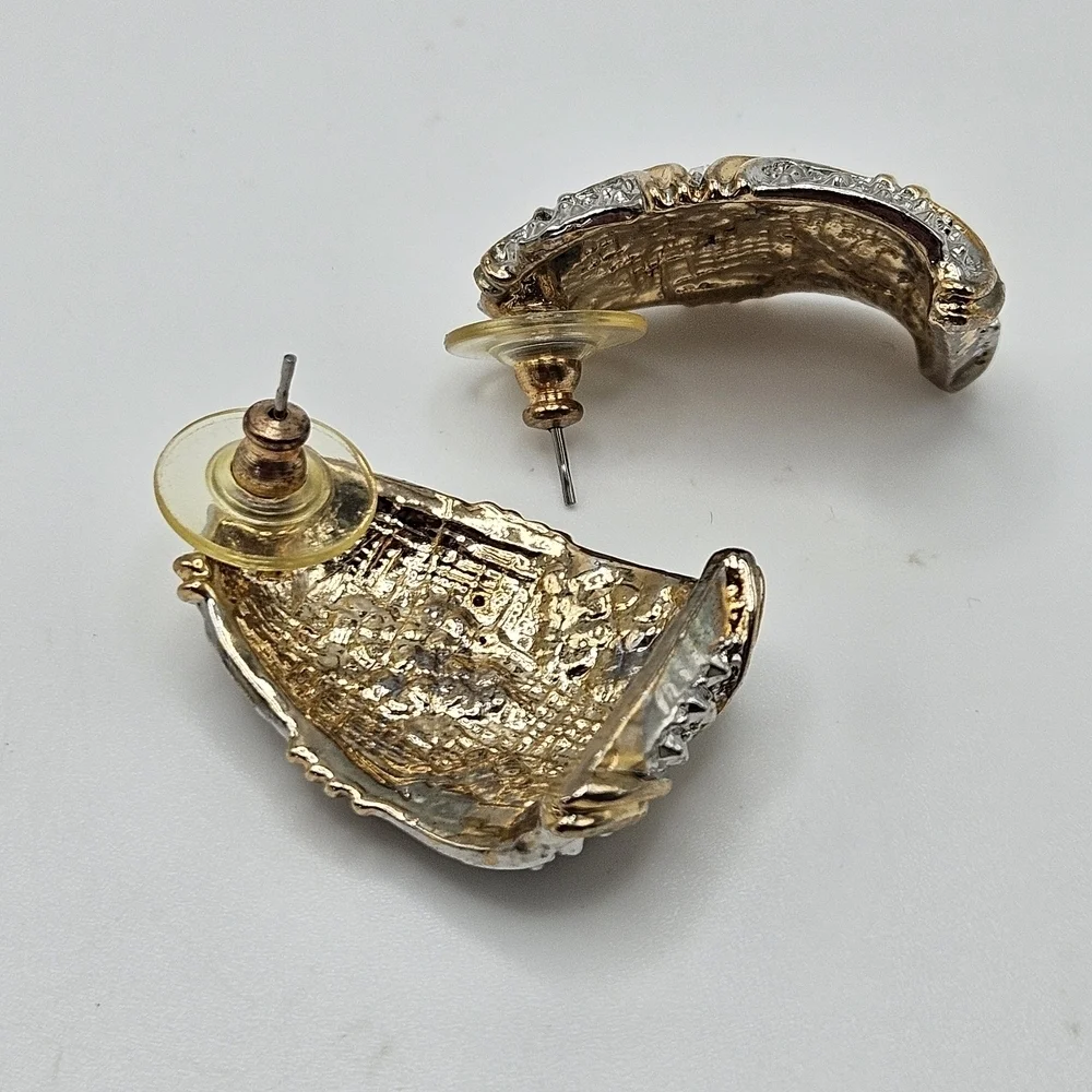 VINTAGE Art Deco Elegant Silver and Gold Tone Rhinestone Detail Curved Earrings